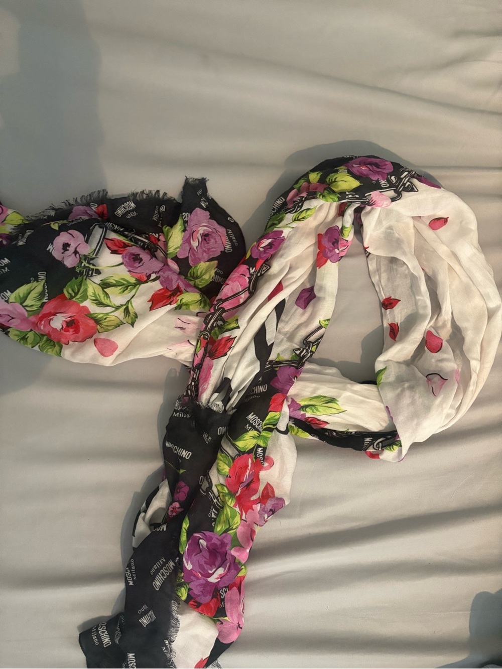 Moschino White Scarf with Black Logo and Pink Floral Accents - Picture 2 of 4